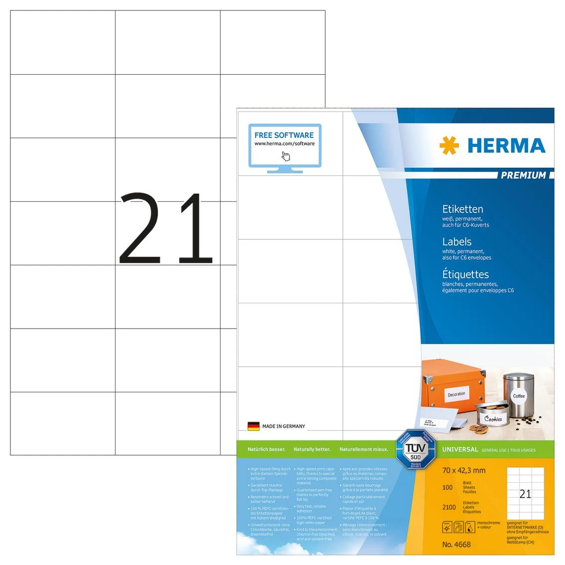Herma Etykiety Premium A4, balta, papier matinė, 2100 vnt. (4668)