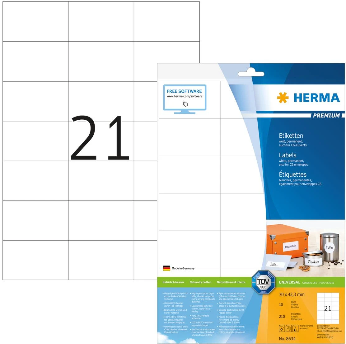 Herma Etykiety Premium A4, balta, papier matinė, 210 vnt. (8634)