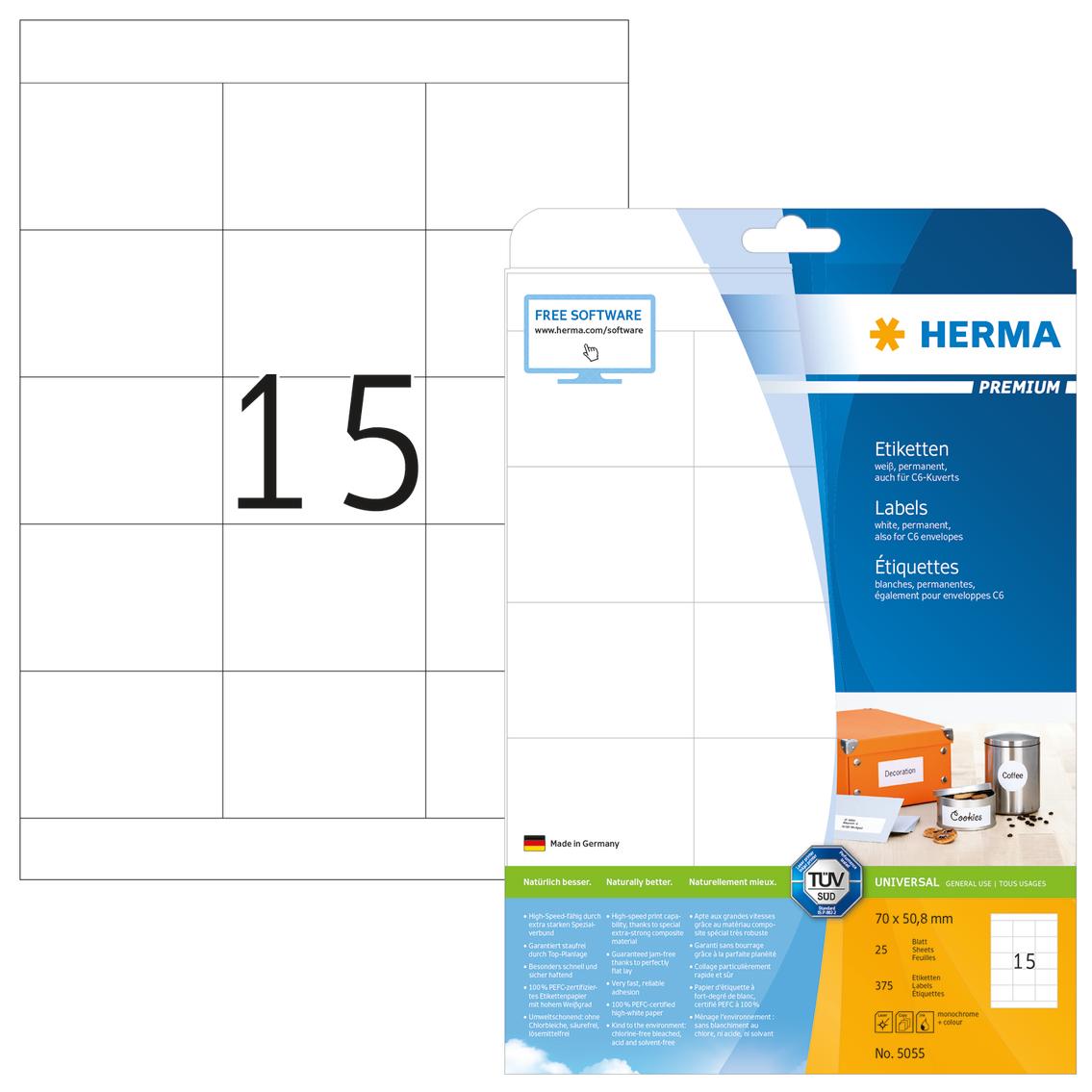 HERMA Etiketten Premium A4 baltas 70x50,8 mm Papier 375 St.