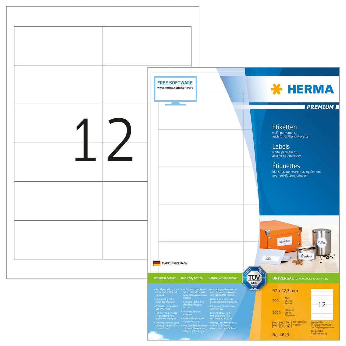 Herma Etykiety Premium A4, balta, papier matinė, 2400 vnt. (4623)