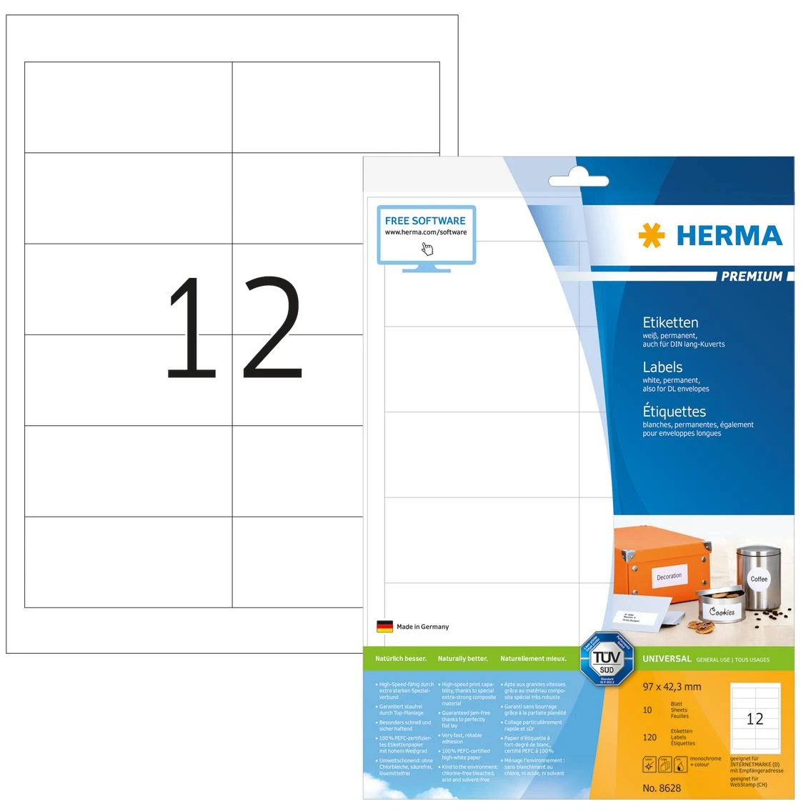 Herma Etykiety Premium 8628, A4, balta, 97 x 42,3 mm, papier matinė, 120 vnt. (8628)