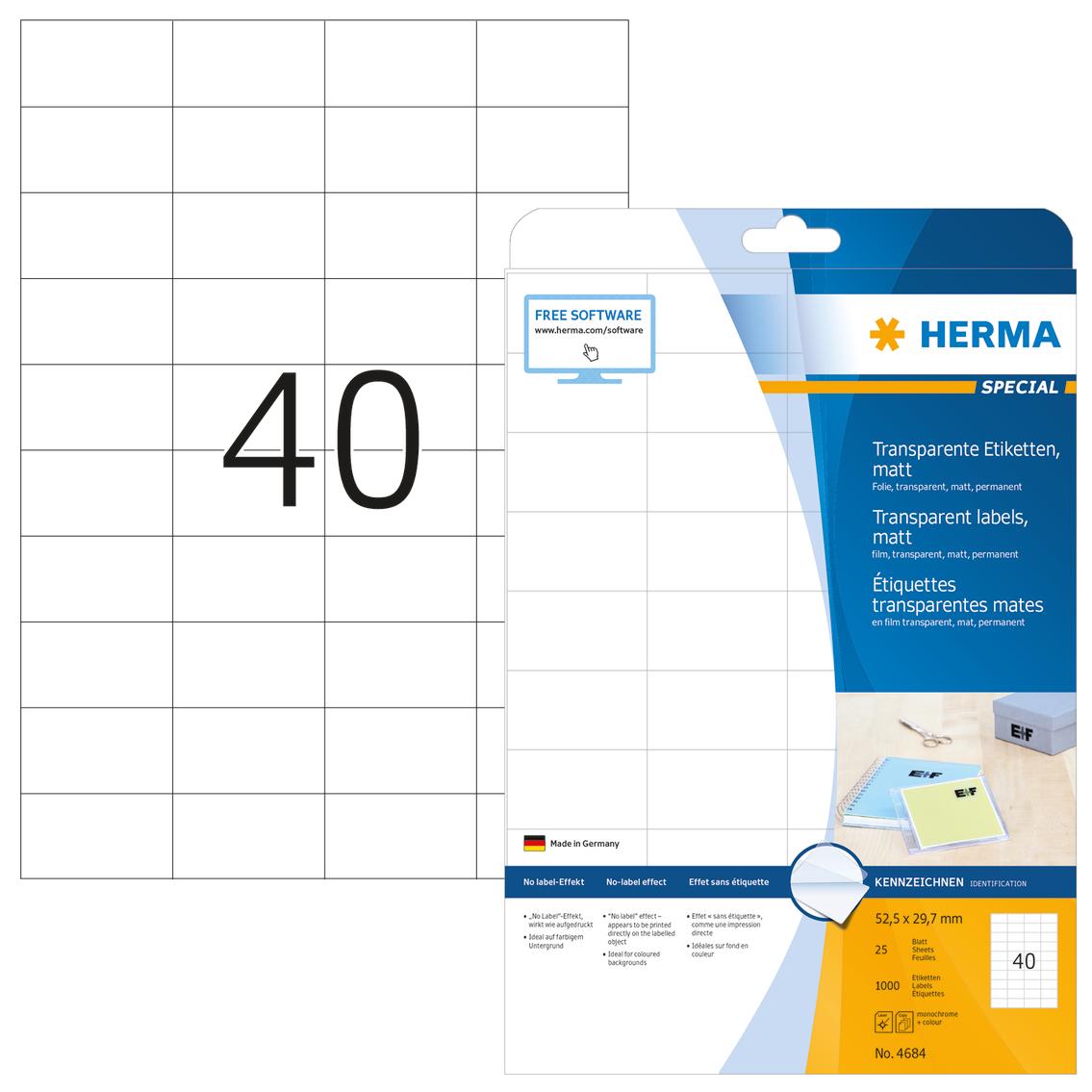 Herma Foil etiketės 4684, A4, 63,5 x 29,6 mm, matinė skaidri folija, 1000 vnt (4684)