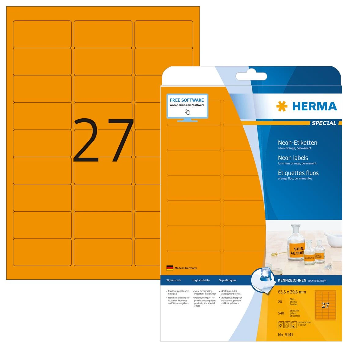 Herma Etykiety kolorowe 5141, A4, 63.5 x 29.6 mm, papier matinė jaskrawy oranžinė, 540 vnt (5141)
