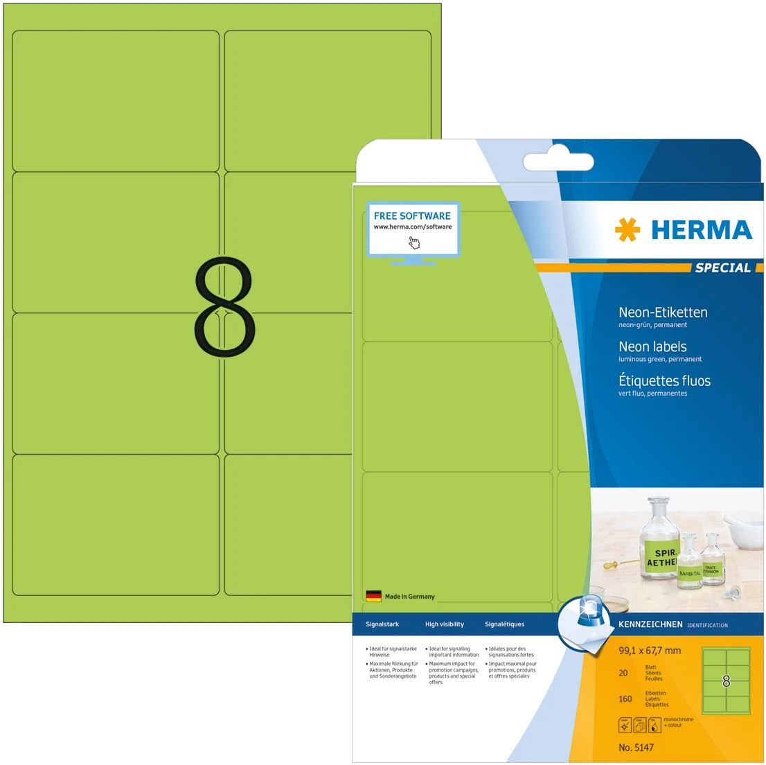 Herma Etykiety kolorowe A4, papier matinė jaskrawy žalia, 160 vnt (5147)
