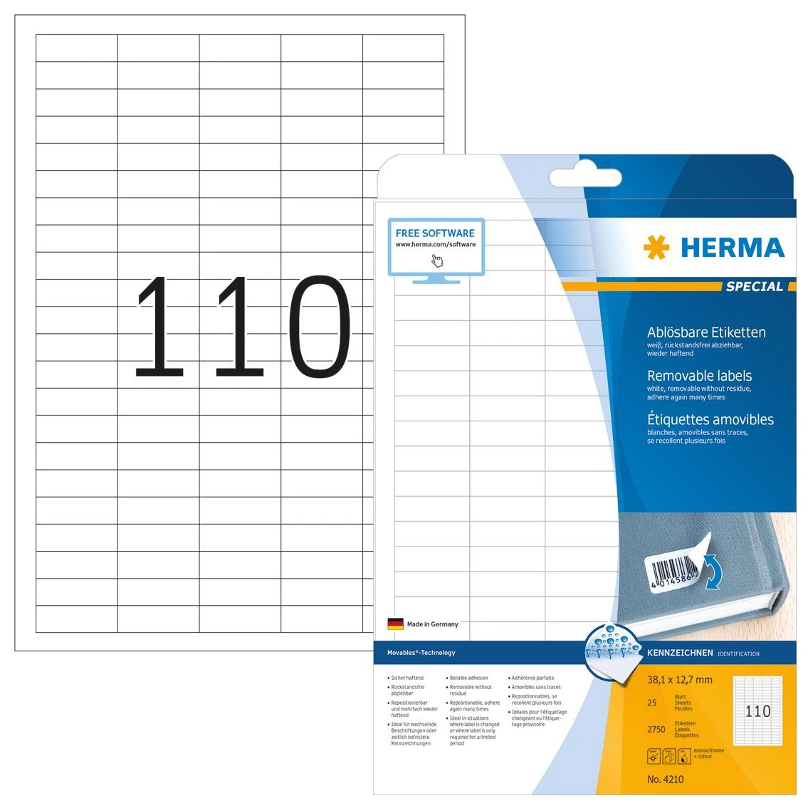 Herma Etykiety odklejalne 4210 Movables, A4, 38,1 x 12,7 mm, balta, papier matinė, 2750 vnt. (4210)