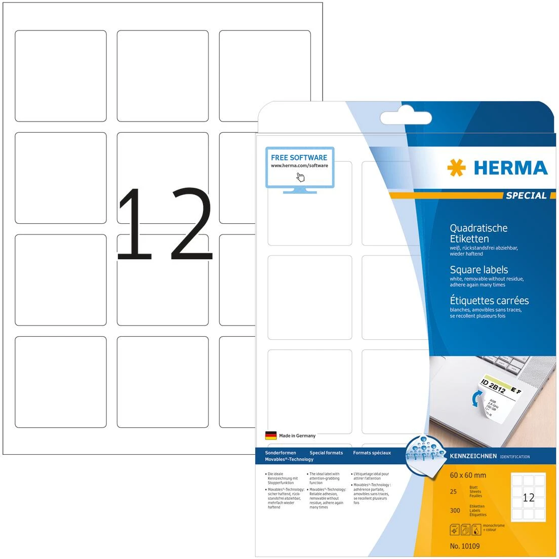 Herma Nuimamos etiketės 10109 Kilnojamieji daiktai, A4, kvadratas, 60 x 60 mm, balta, matinė popierius, 300 vnt (10109)