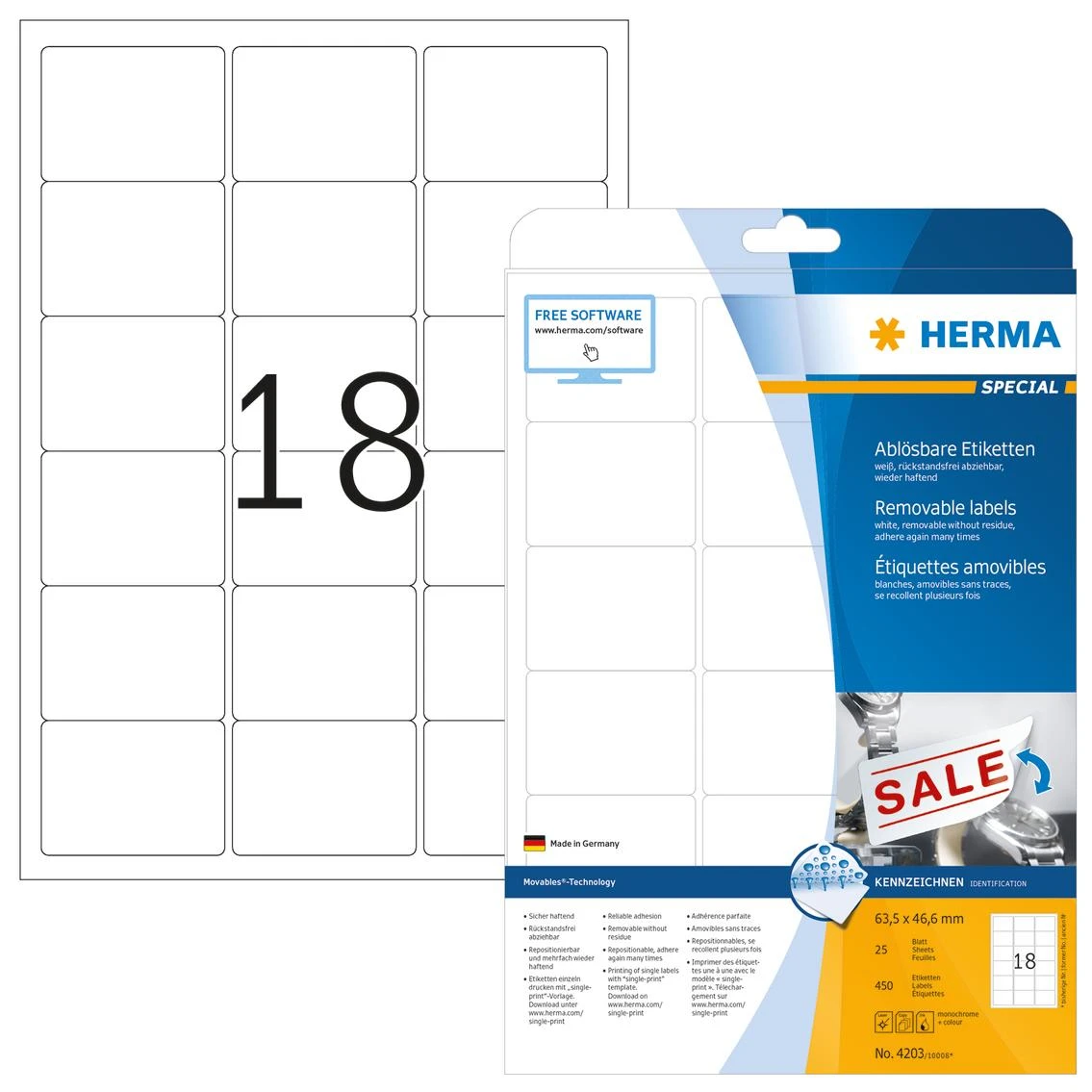 Herma Nuimamos etiketės 4203 Kilnojamieji, A4, 63,5 x 46,6 mm, balta, matinė popierius, 450 nt., užapvalinti kampai (4203)