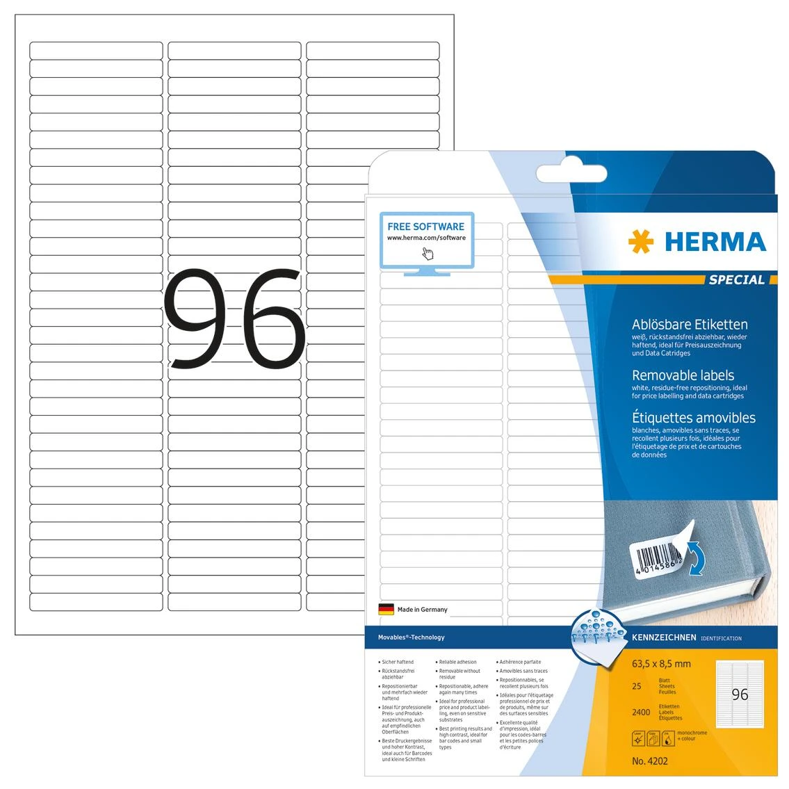 Herma Nuimamos etiketės 4202 Kilnojamieji, A4, 63,5 x 8,5 mm, balta, matinė popierius, 2400 vnt., užapvalinti kampai (4202)