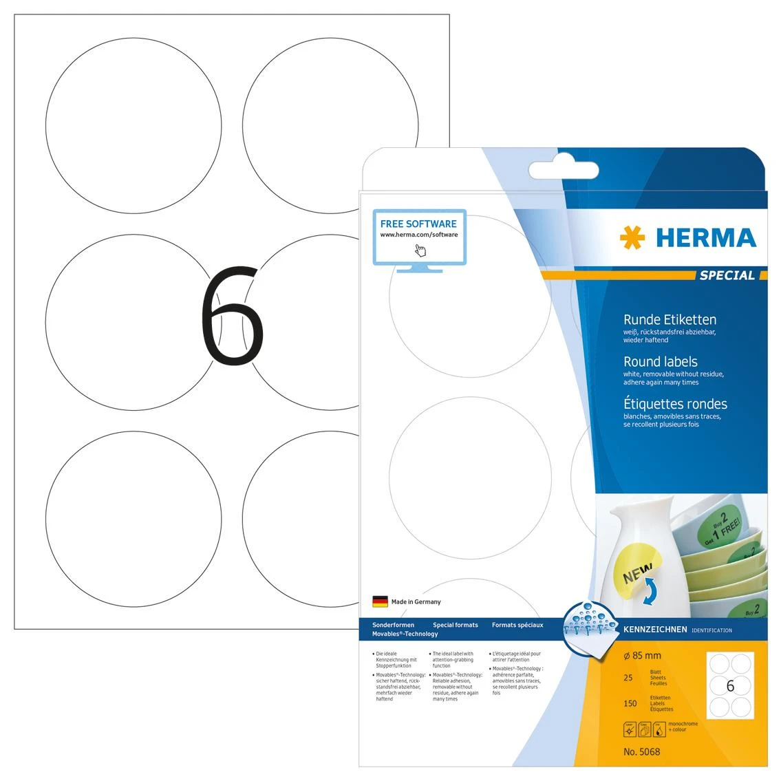 Herma Etykiety odklejalne 5068 Movables, A4, apvalus, Ø 85 mm, balta, papier matinė, 150 vnt. (5068)
