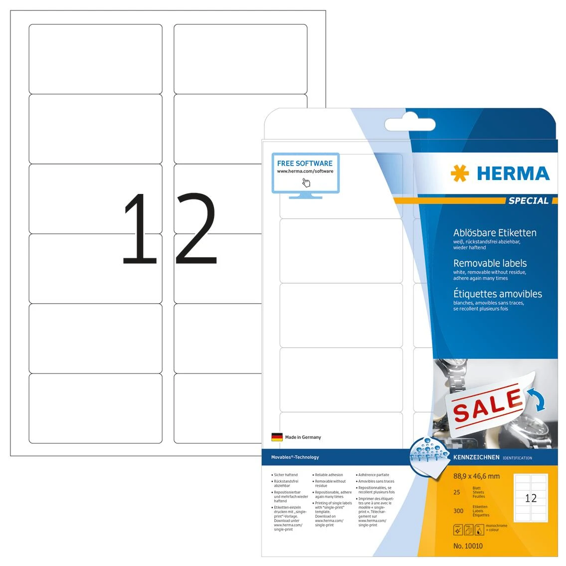 Herma etiketės A4 balta 88,9x46,6 mm nuimamas popierius 300 vnt.