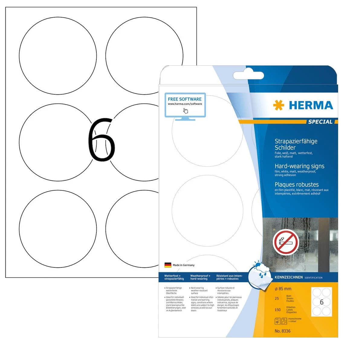 Herma Lipnios etiketės su apvalus 8336 poliesterio plėvelė, A4, Ø 85 mm, balta matinė plėvelė, 150 vnt (8336)