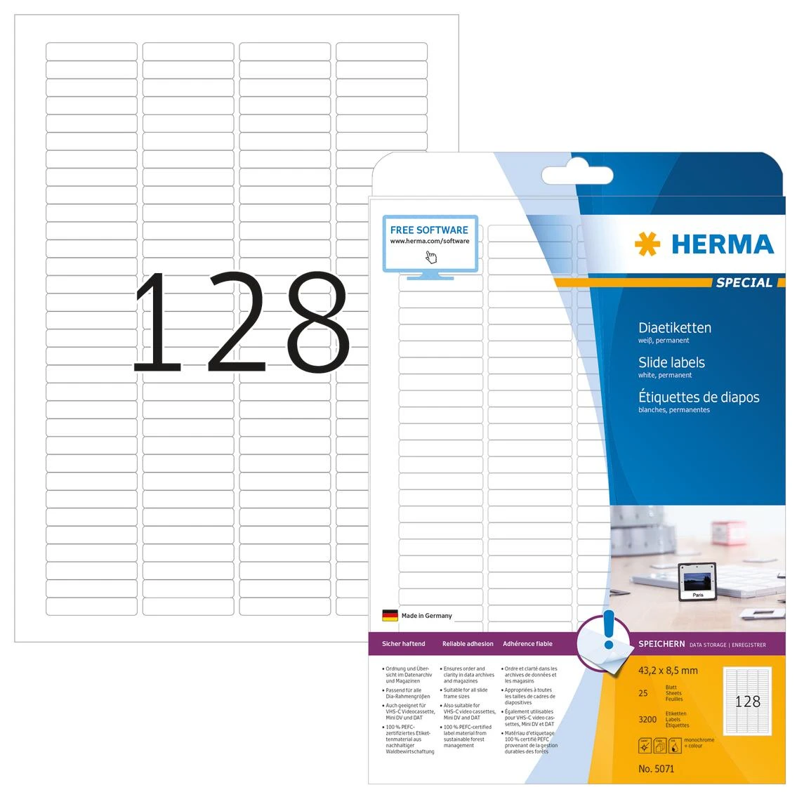 Herma Slide etiketės, balta, 43,2 x 8,5 mm, visiems skaidrių rėmams, matinis popierius, 25 lapai (5071)