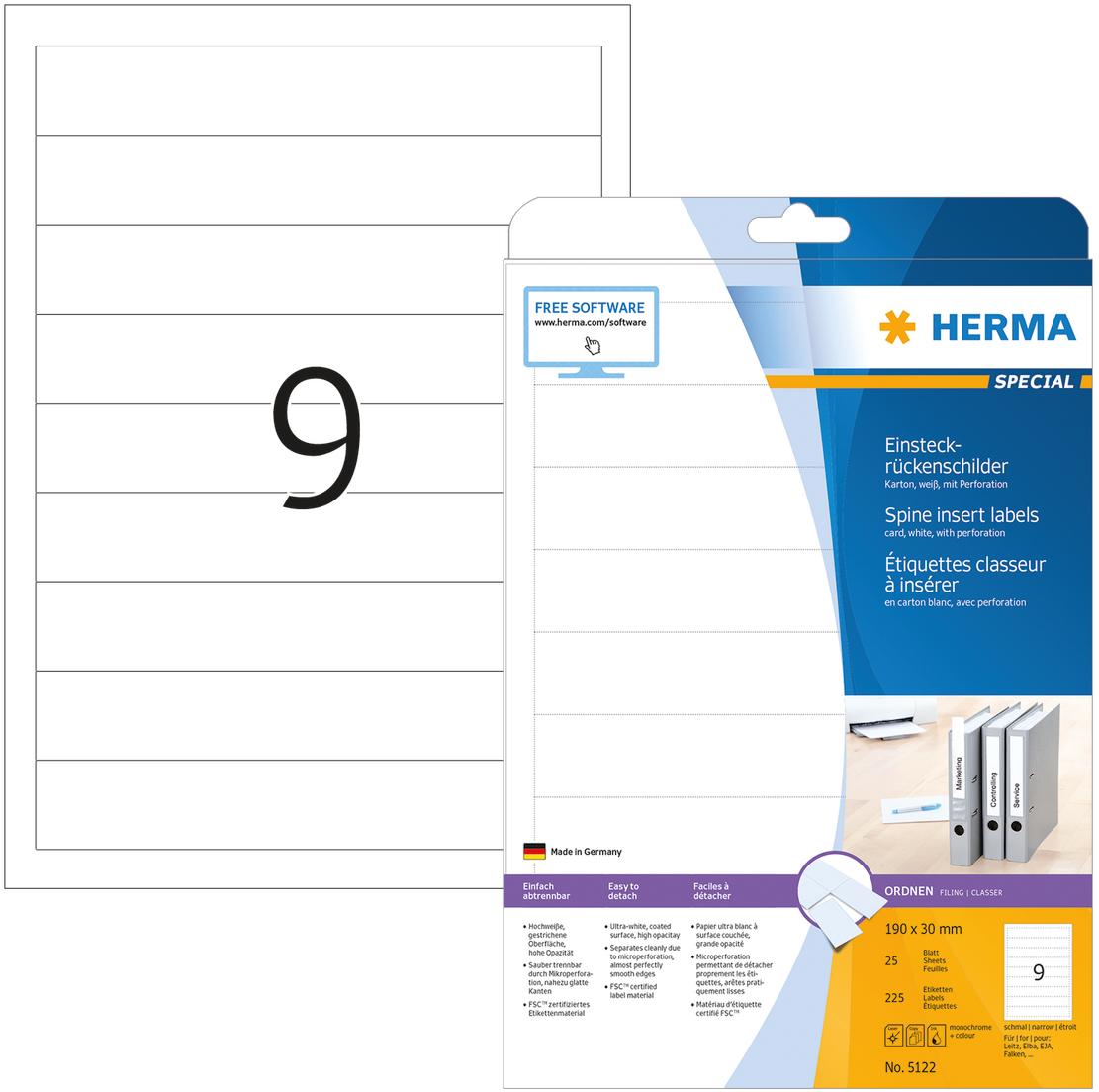 HERMA Spine insert labels A4 190x30 mm baltas cardboard perforated non-adhesive 225 pcs. - Baltas - Non-adhesive spausdintuvas label - A4 - Cardboard - lazerinis/Inkjet - Rectangle