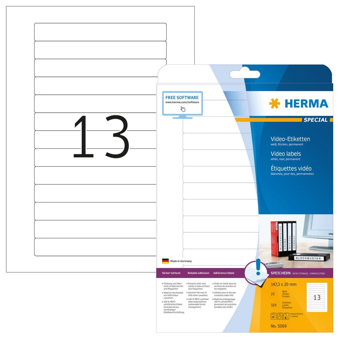 Herma etiketės VHS kasetėms 147,3x20 mm (5069)