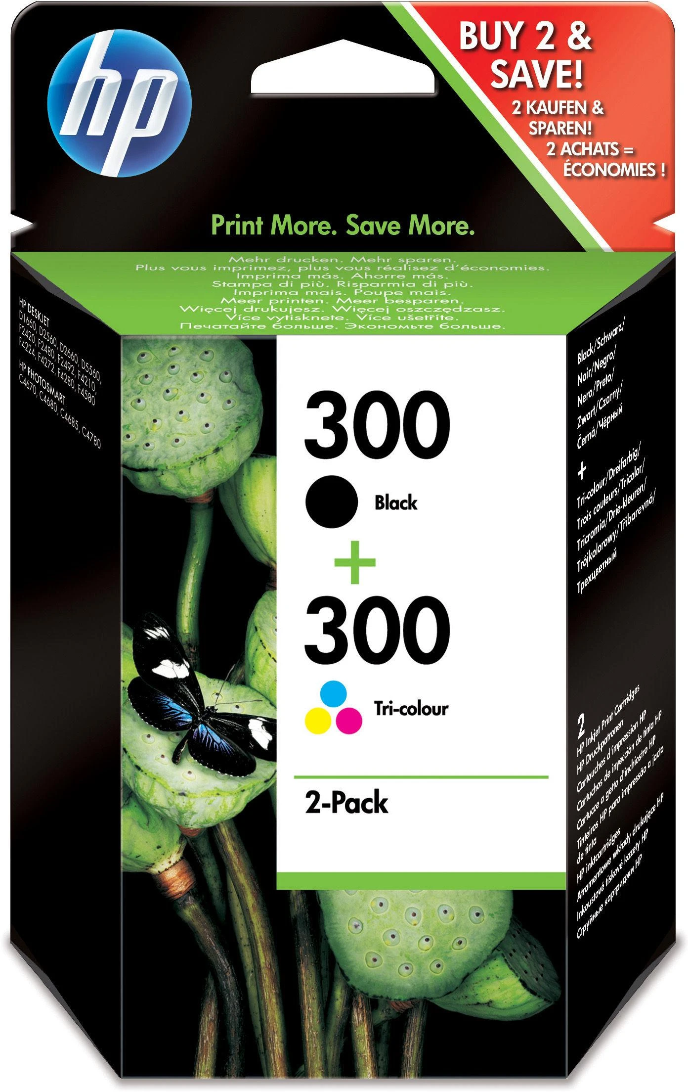 Hewlett Packard (HP) HP 300 Combo-pack Juodas/Tri-color Ink Cartridges, 200/200 pages, DeskJet D2560, F4280
