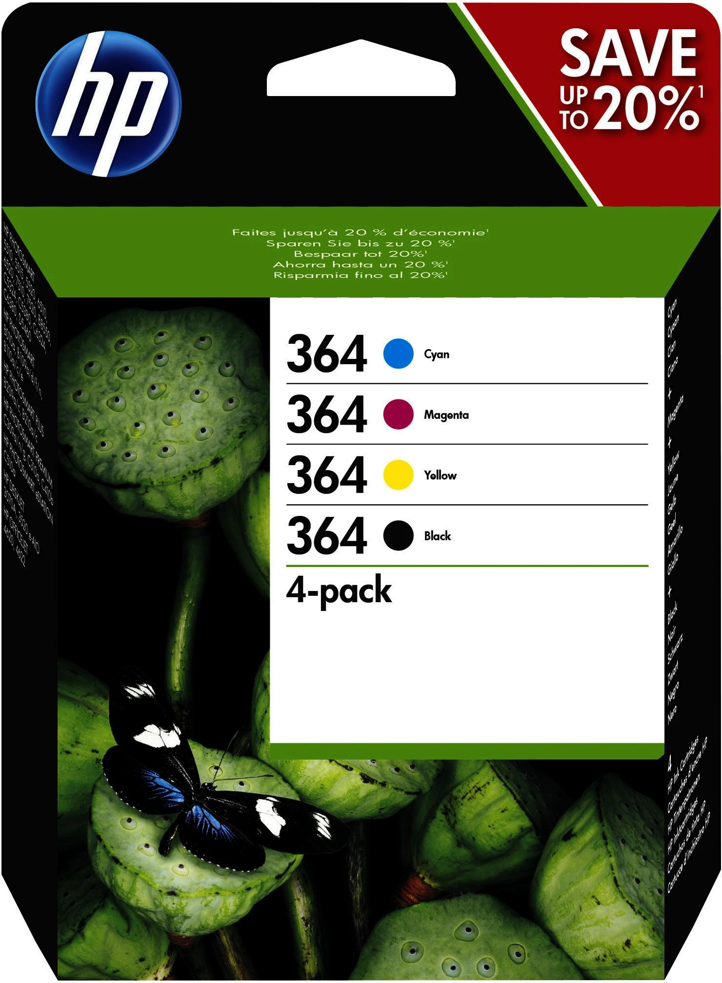 Hewlett Packard (HP) HP 364 Combo 4-Pack Juodas/Cyan/Magenta/Geltona rašalo kasetės, 250/300 puslapių, HP B8550, C5380, D5460