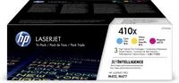 Hewlett Packard (HP) HP 410X 3 pakuočių didelio našumo žalsvai mėlynos spalvos / rausvai raudonos spalvos / geltonos originalios LaserJet dažų kasetės