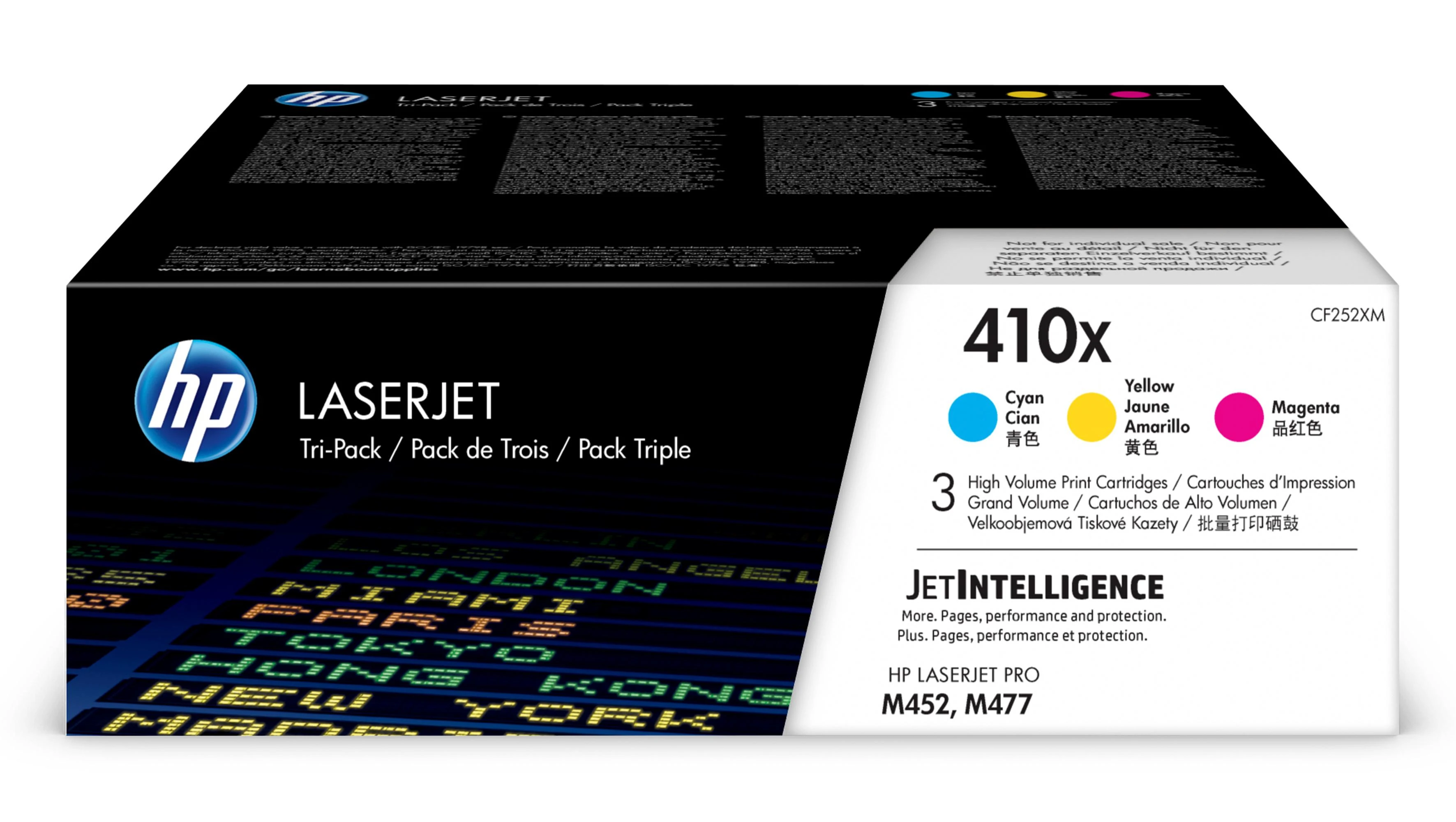 Hewlett Packard (HP) HP 410X 3 pakuočių didelio našumo žalsvai mėlynos spalvos / rausvai raudonos spalvos / geltonos originalios LaserJet dažų kasetės