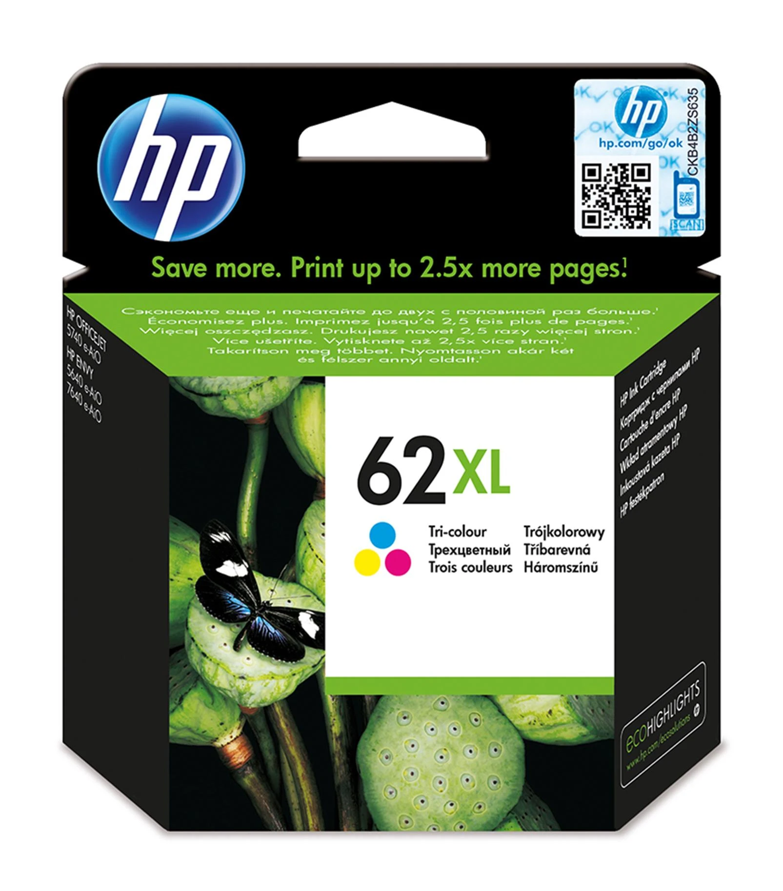 Hewlett Packard (HP) HP 62XL didelio našumo trispalvė rašalo kasetė, 415 puslapių, skirta HP ENVY 5540,5640,7640, Officejet 5740
