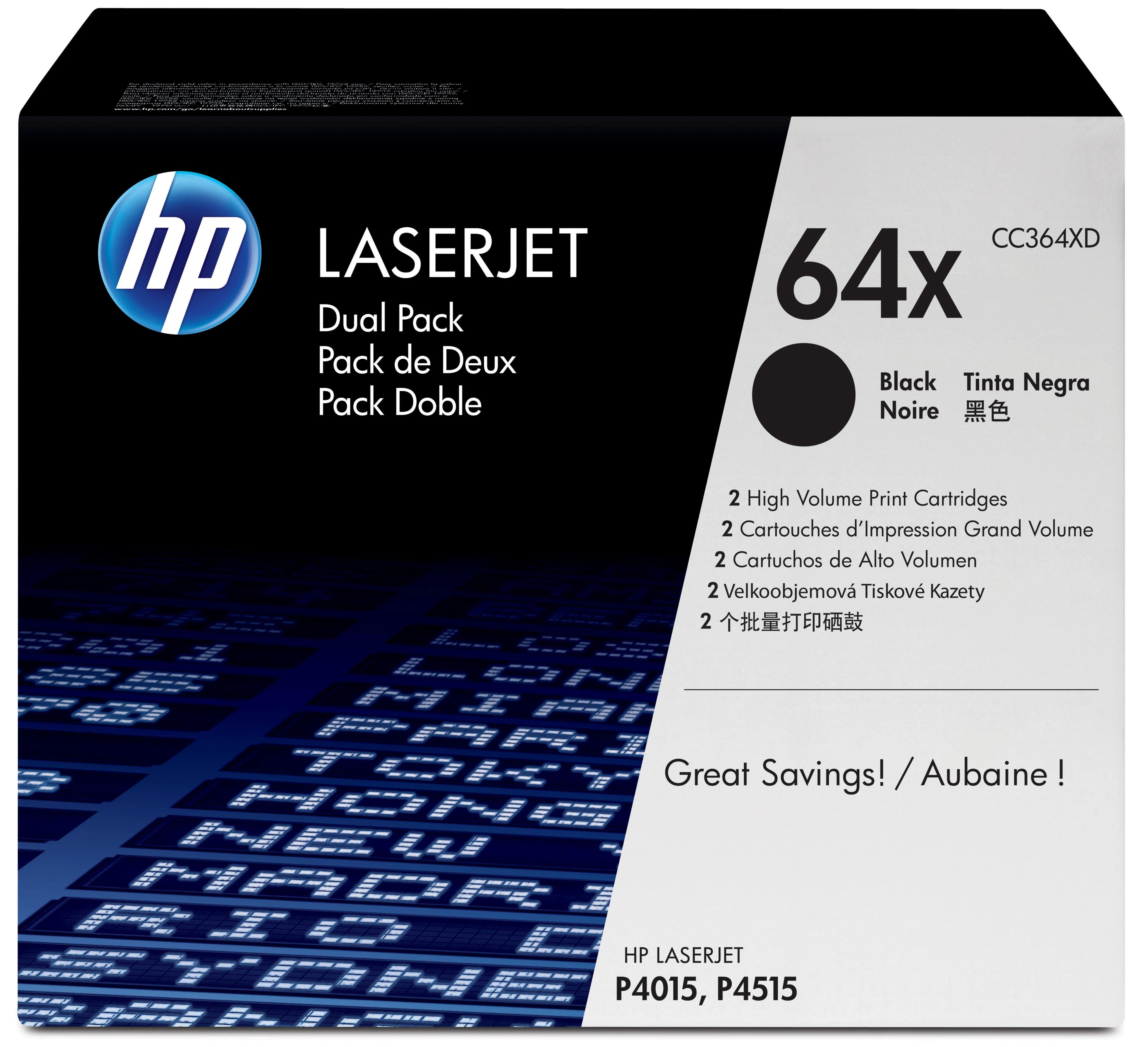 Hewlett Packard (HP) HP Toneris Juodas CC364X, skirtas Laserjet P4000/P4500series, dviguba pakuotė (2x24 000 puslapių)
