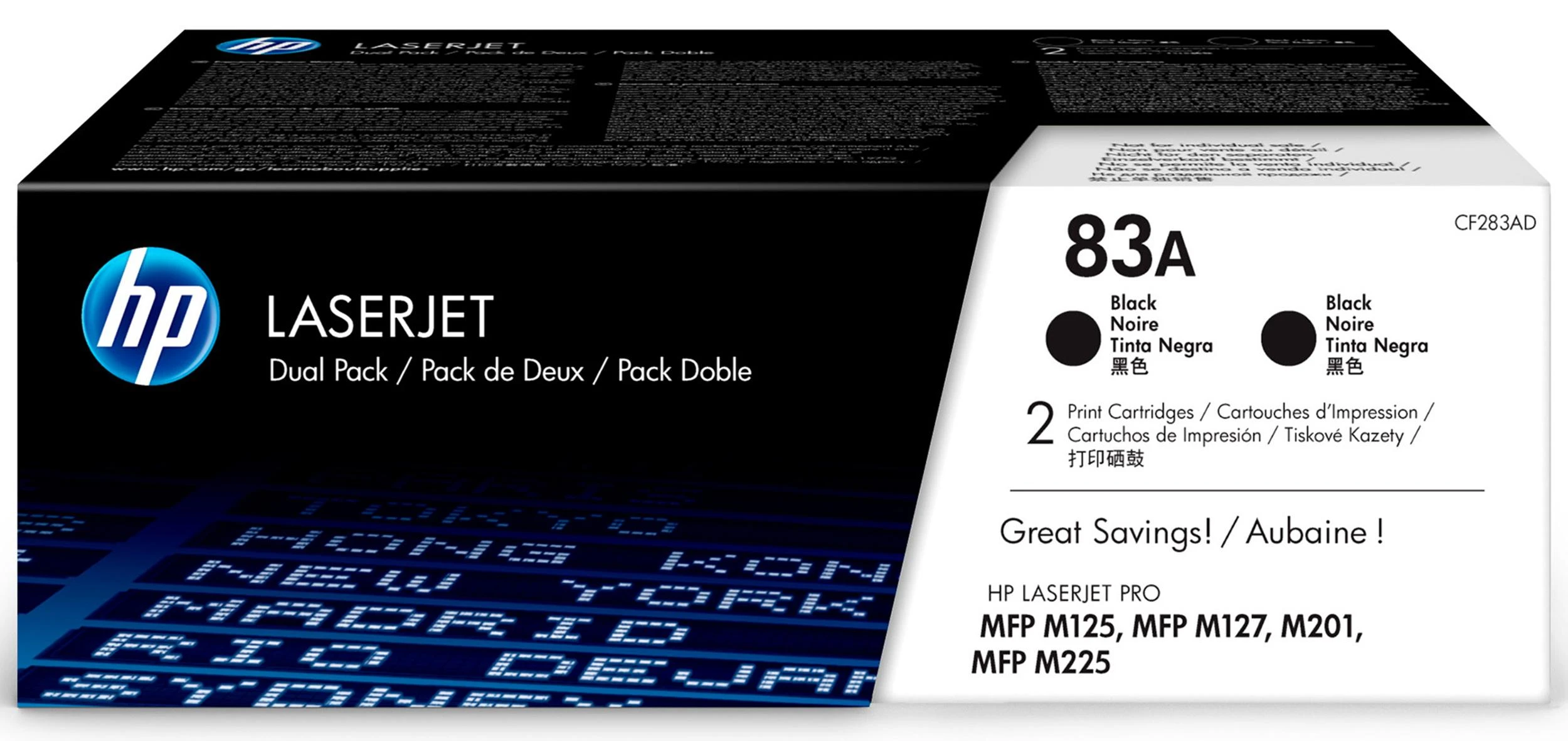 Hewlett Packard (HP) HP 83A 2-pack juodas dažų kasetė, skirta LaserJet M201, M125, M127, M225 (1 500 puslapių)