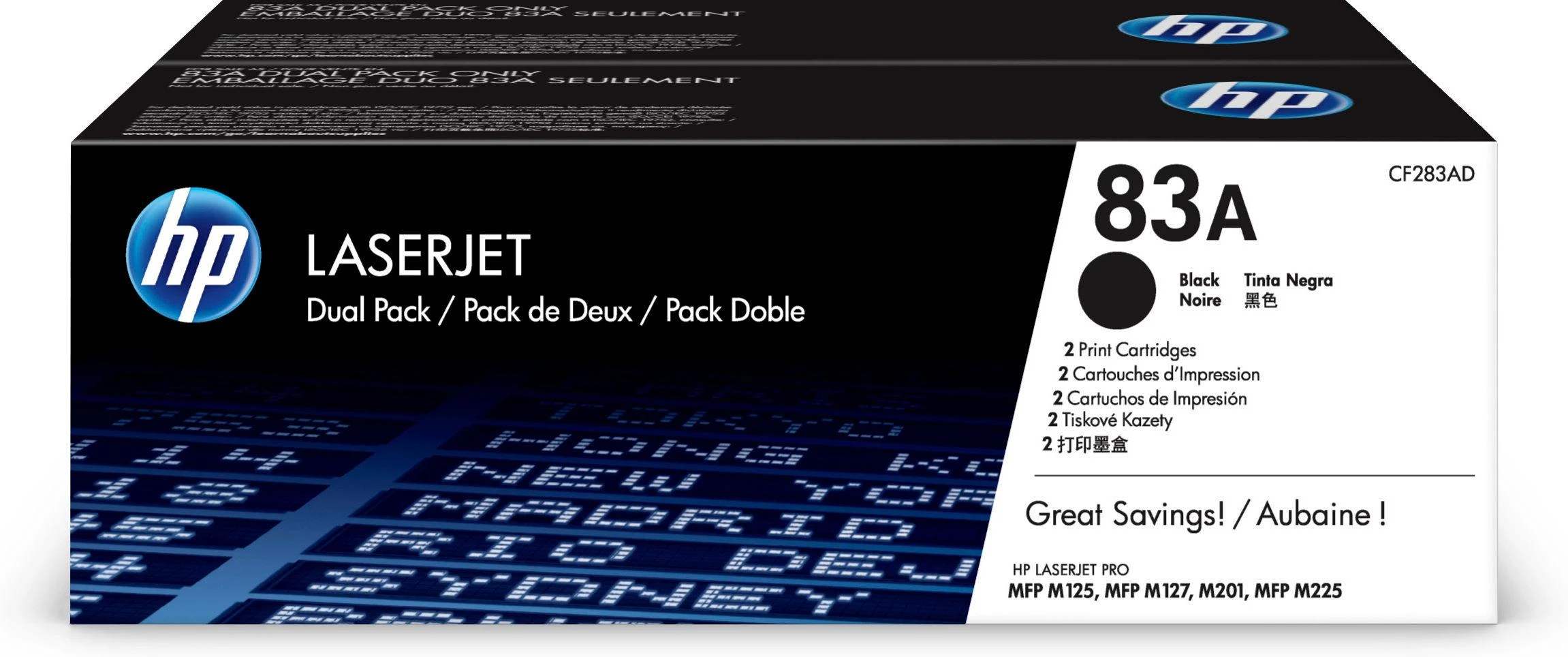 Hewlett Packard (HP) HP 83A 2-pack juodas dažų kasetė, skirta LaserJet M201, M125, M127, M225 (1 500 puslapių)