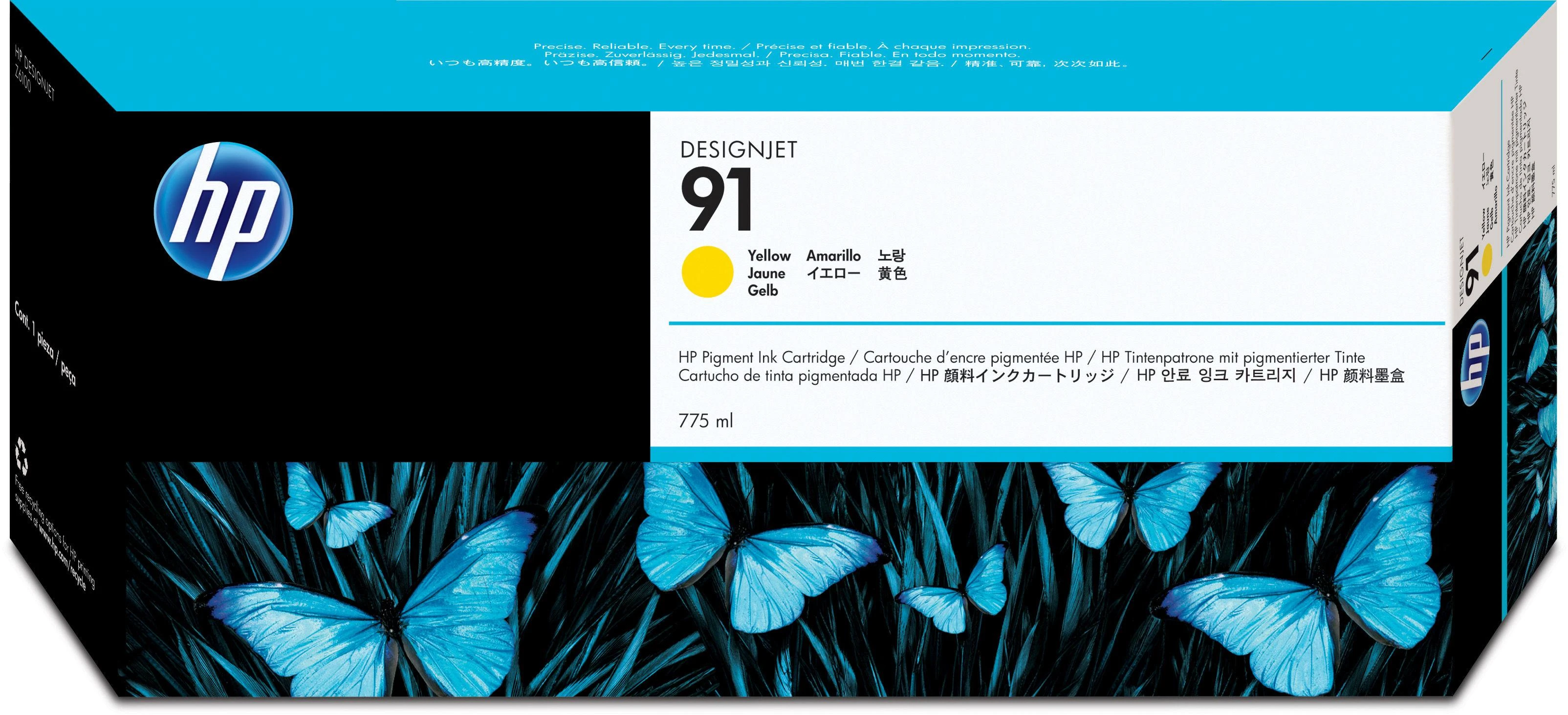 Hewlett Packard (HP) HP 91 775 ml šviesiai geltonos spalvos „DesignJet“ pigmentinio rašalo kasetė