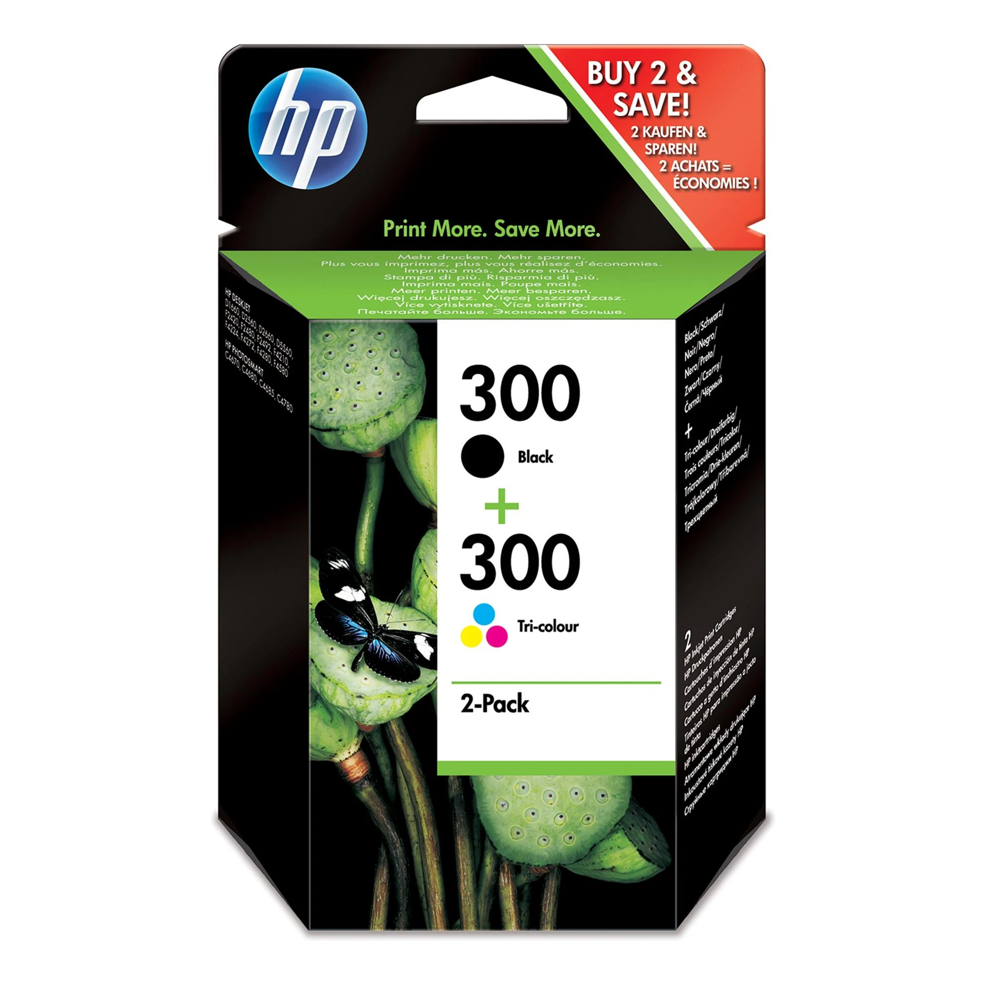 Hewlett Packard (HP) HP 300 rašalo kombinuotas rinkinys, juodas/trispalvis, blisterinė pakuotė