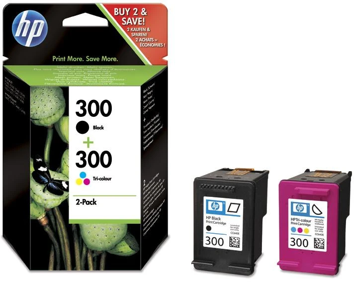 Hewlett Packard (HP) HP 300 rašalo kombinuotas rinkinys, juodas/trispalvis, blisterinė pakuotė
