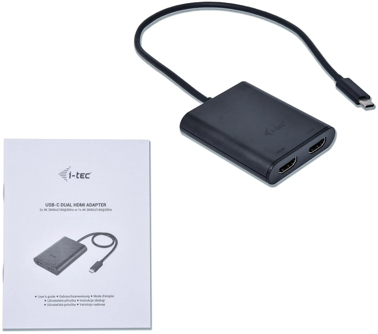 I-TEC dviejų HDMI prievadų adapteris su naudojimo instrukcija