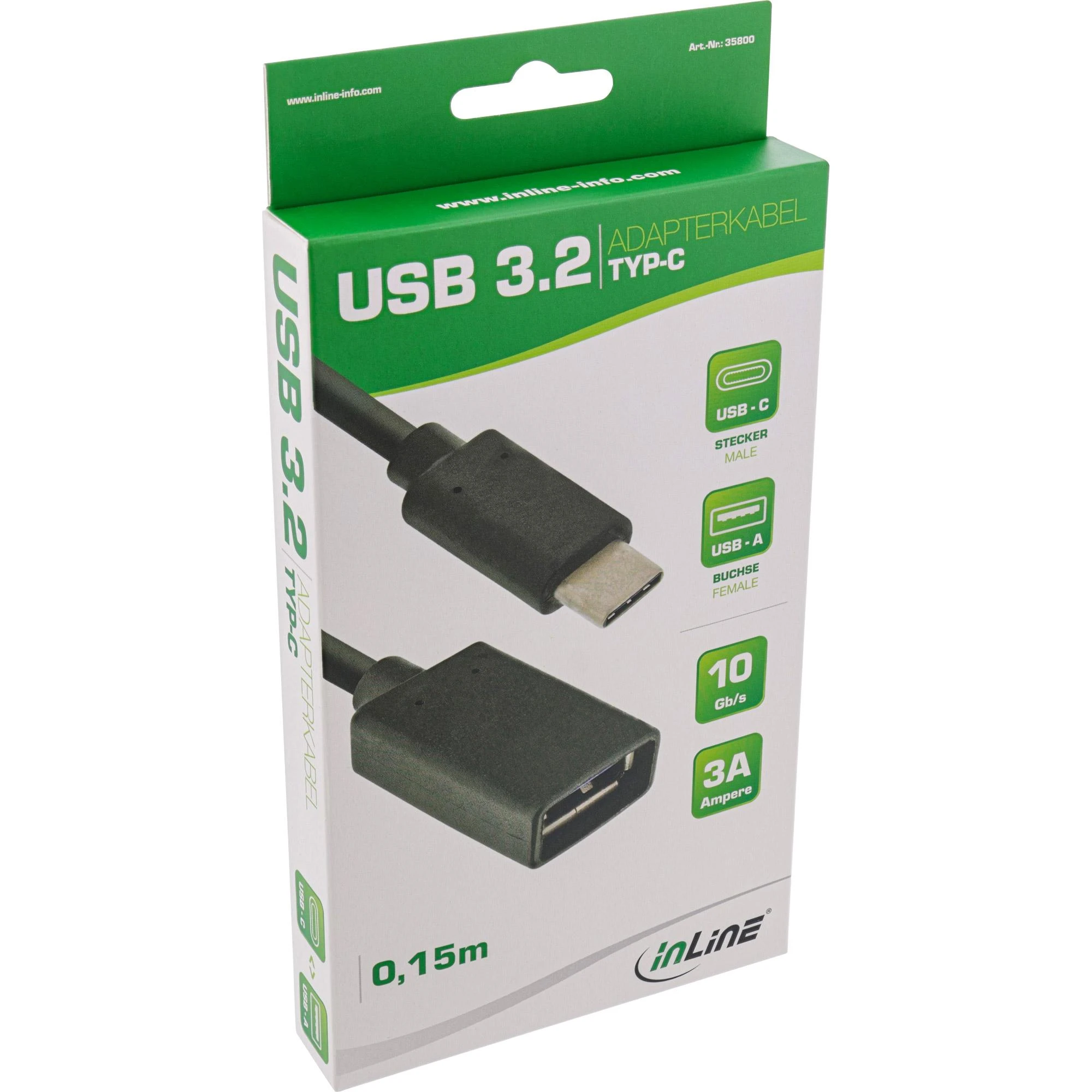 „InLine 35800“ USB 3.1 adapterio kabelis, C tipo kištukinis į A moteriškas USB tipo C kištukas iki A tipo USB lizdas 0,15 m juodas