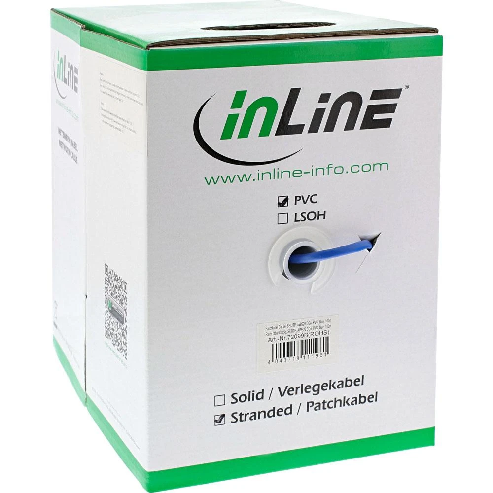 InLine Patch kabelis SF/UTP Cat.5e AWG26 CCA PVC mėlyna 100m (72099B)