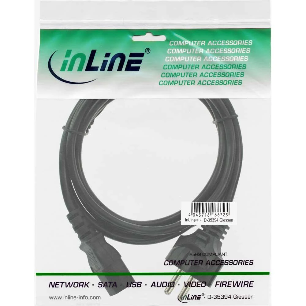 InLine maitinimo laidas, apsauginis kontaktas tiesiai į IEC jungtį C13, 3m, juodas