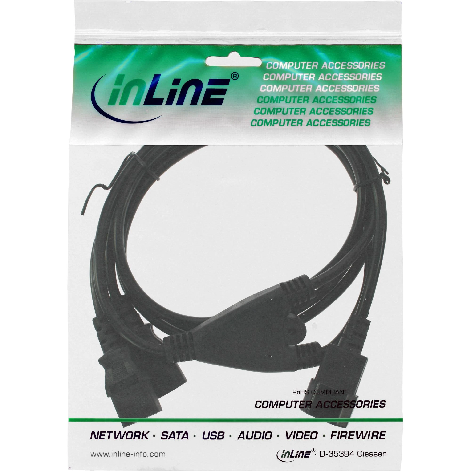 Maitinimo kabelis InLine Maitinimo kabelis dobilo lapo tipas F 1x IEC-C14 iki 2x IEC-C13 1m