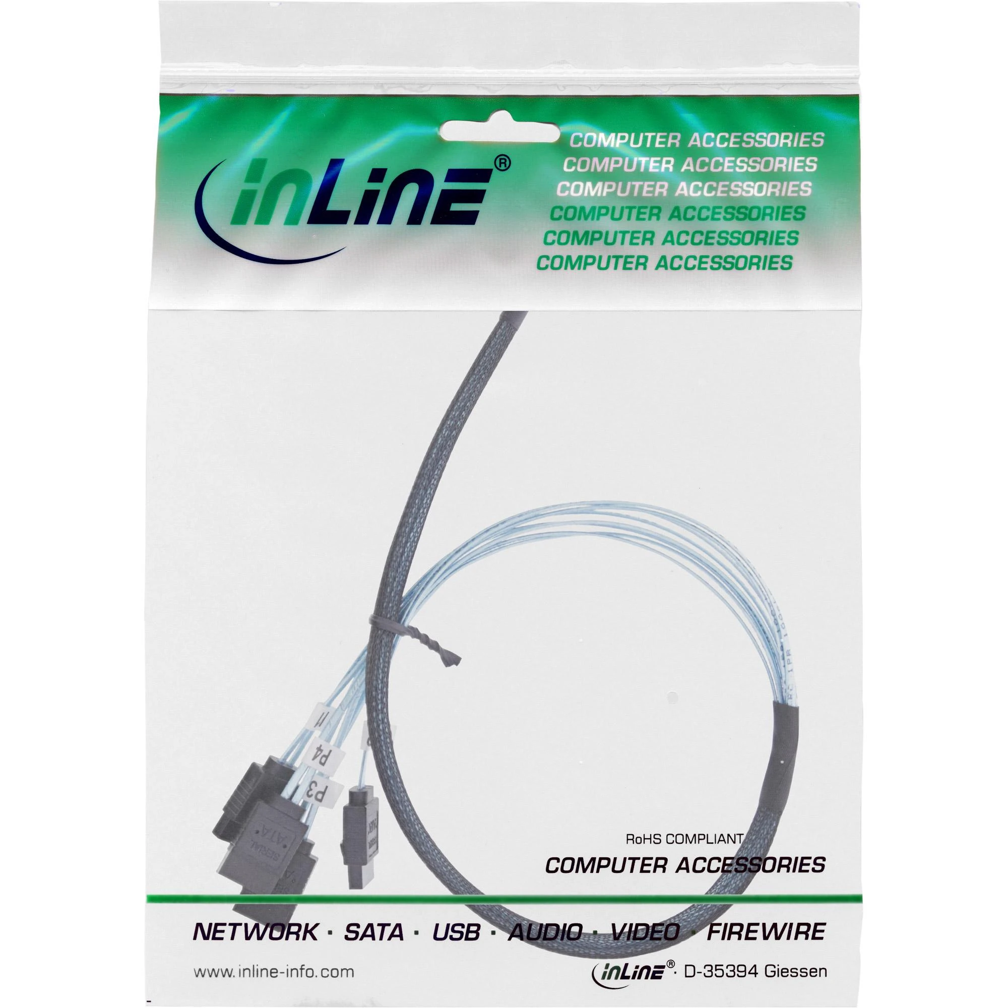 InLine ® Plonas SAS laidas, nuo SFF-8654 iki 4x SATA 7 kontaktų, 12 Gb/s, 0,5 m