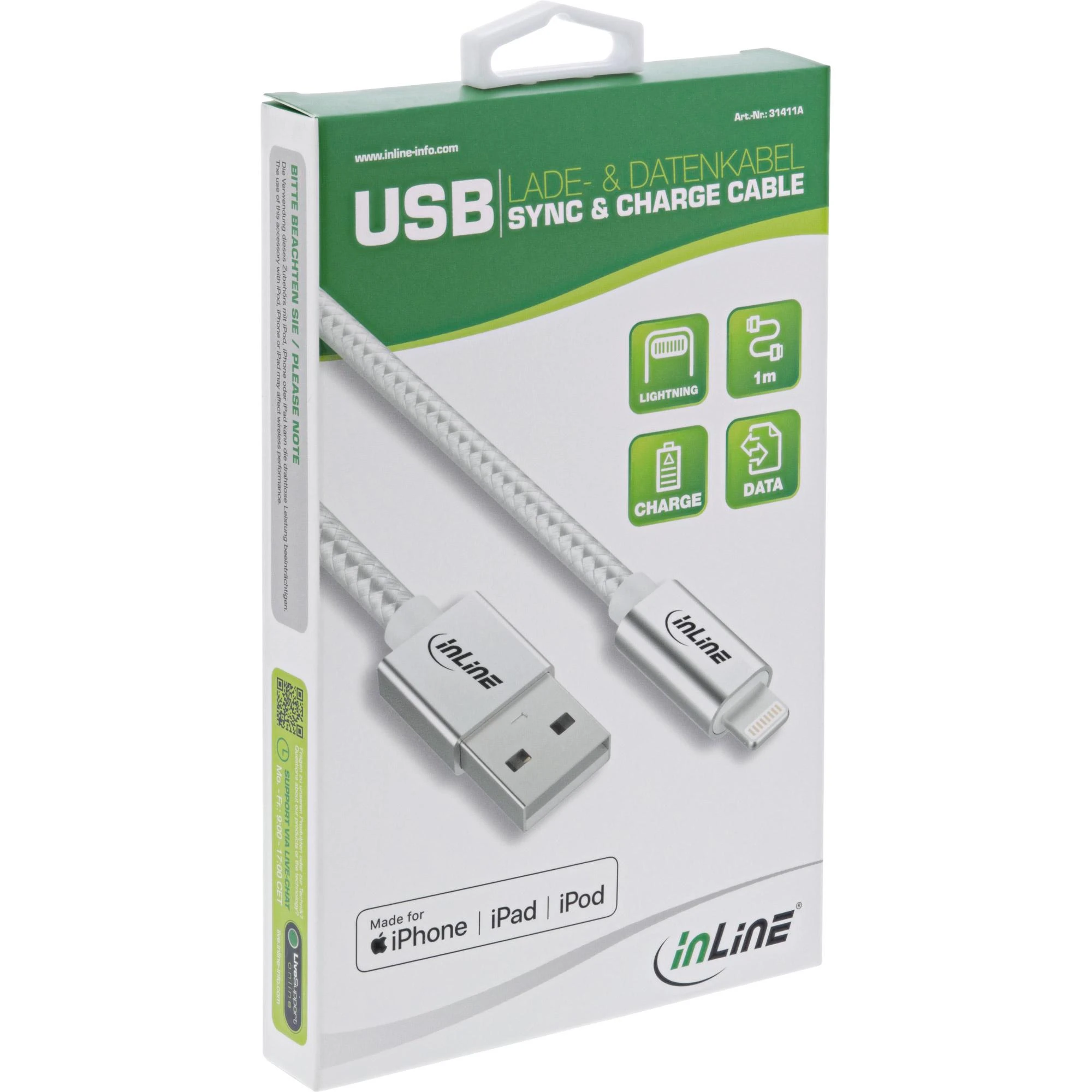 InLine Lightning USB laidas, sidabrinis/aliuminis, 1 m MFi sertifikuotas