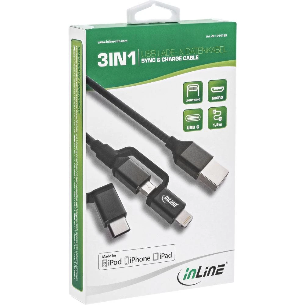 Kabelis USB InLine USB-A - Lightning 1,5 m Juodas (31415S)