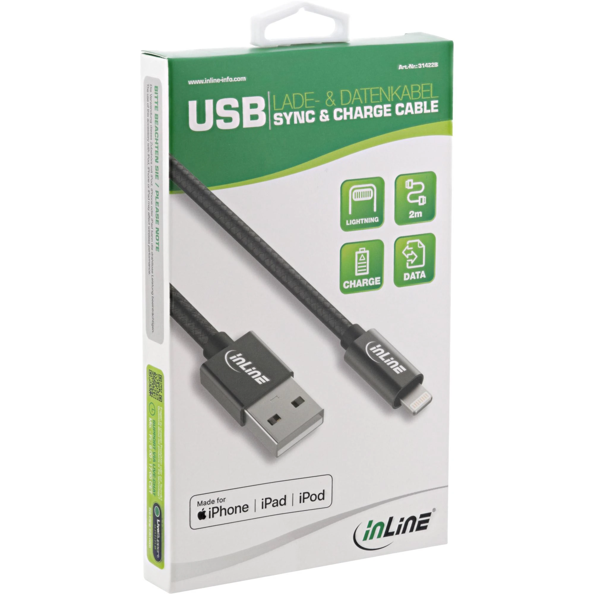 InLine Lightning USB kabelis, juodas/aliuminis, 2m MFi sertifikuotas