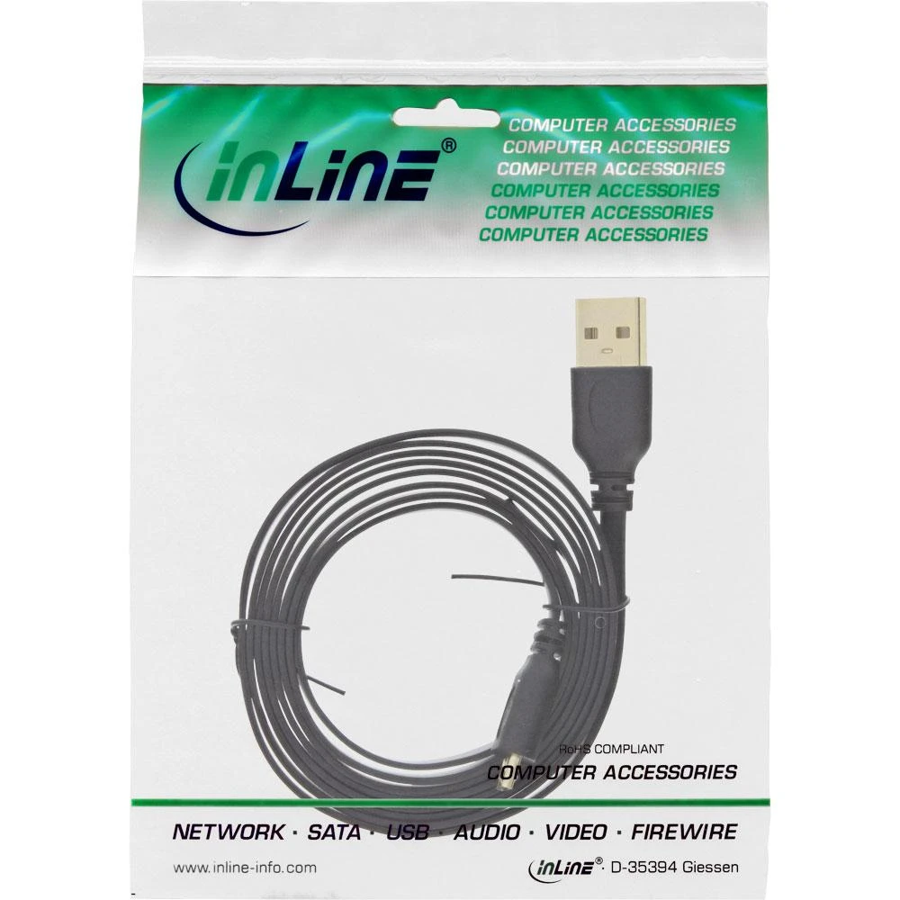 InLine Micro-USB 2.0 plokščias kabelis, USB-A iki Micro-B, juodas - 3m