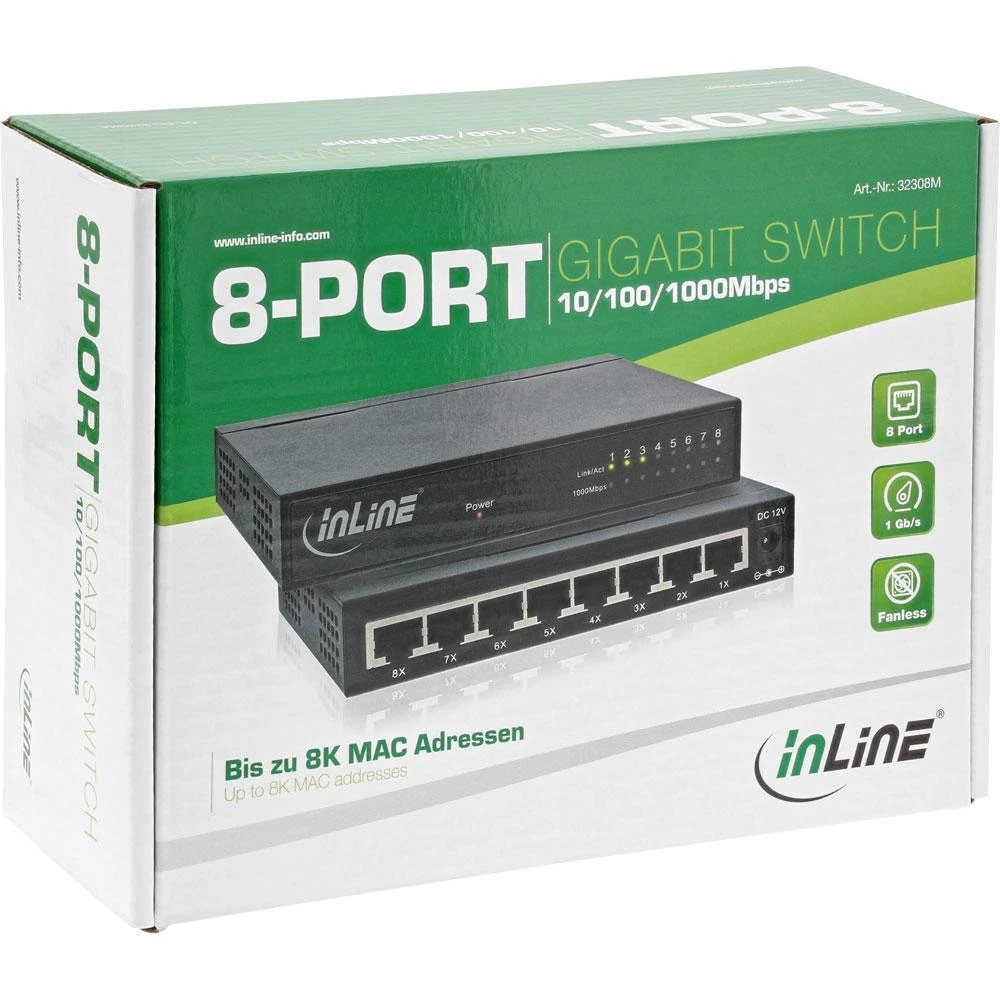Šakotuvas InLine Gigabit Network Switch 8 prievadų, 1GBit/s, stalinis, be ventiliatoriaus