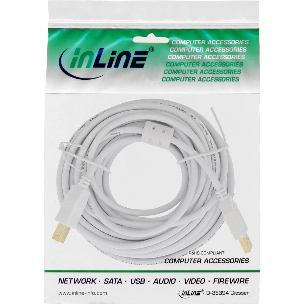 USB InLine USB-A – USB-B laidas 10 m baltas (34550W)
