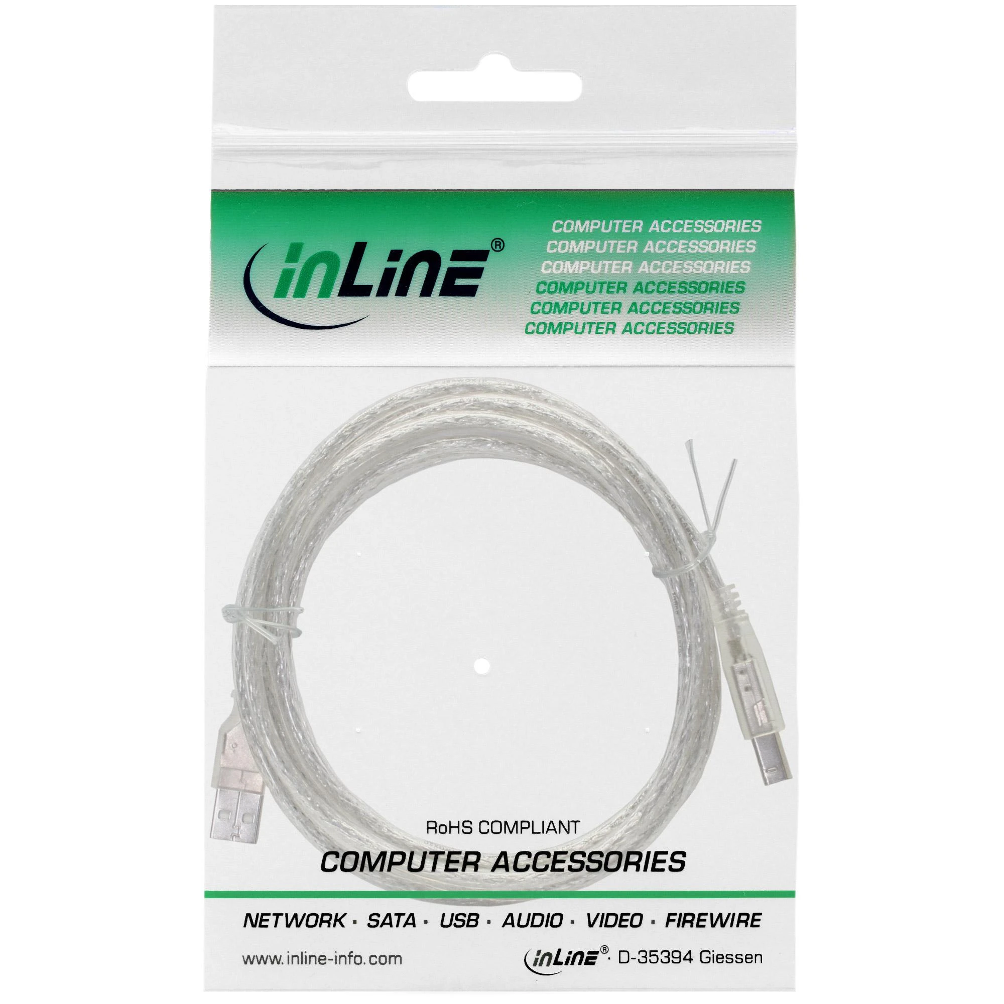Kabelis USB InLine USB-A - USB-B 5 m Permatomas (34555T)