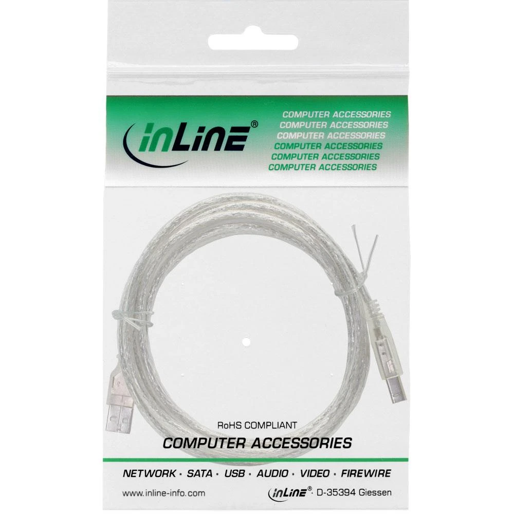 Kabelis USB InLine USB-A - USB-B 7 m Permatomas (34557T)