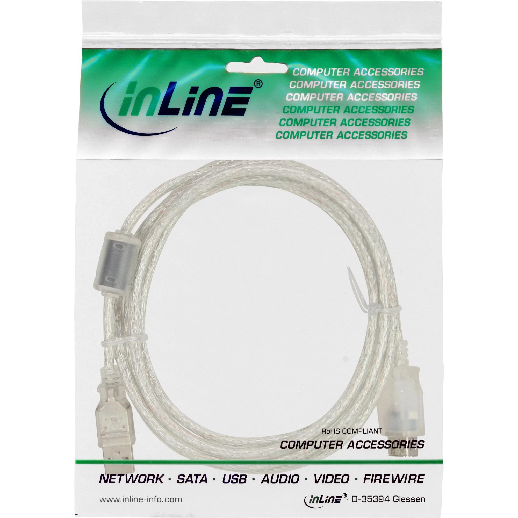 USB kabelis InLine USB-A - USB-A 5 m Balta (34605Q)