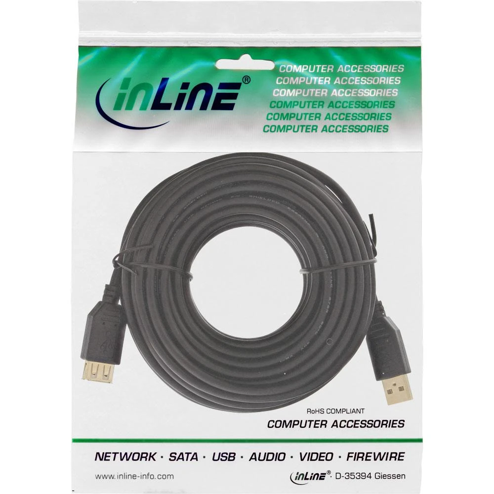 Kabelis USB InLine USB-A - USB-A 10 m Juodas (34611S)