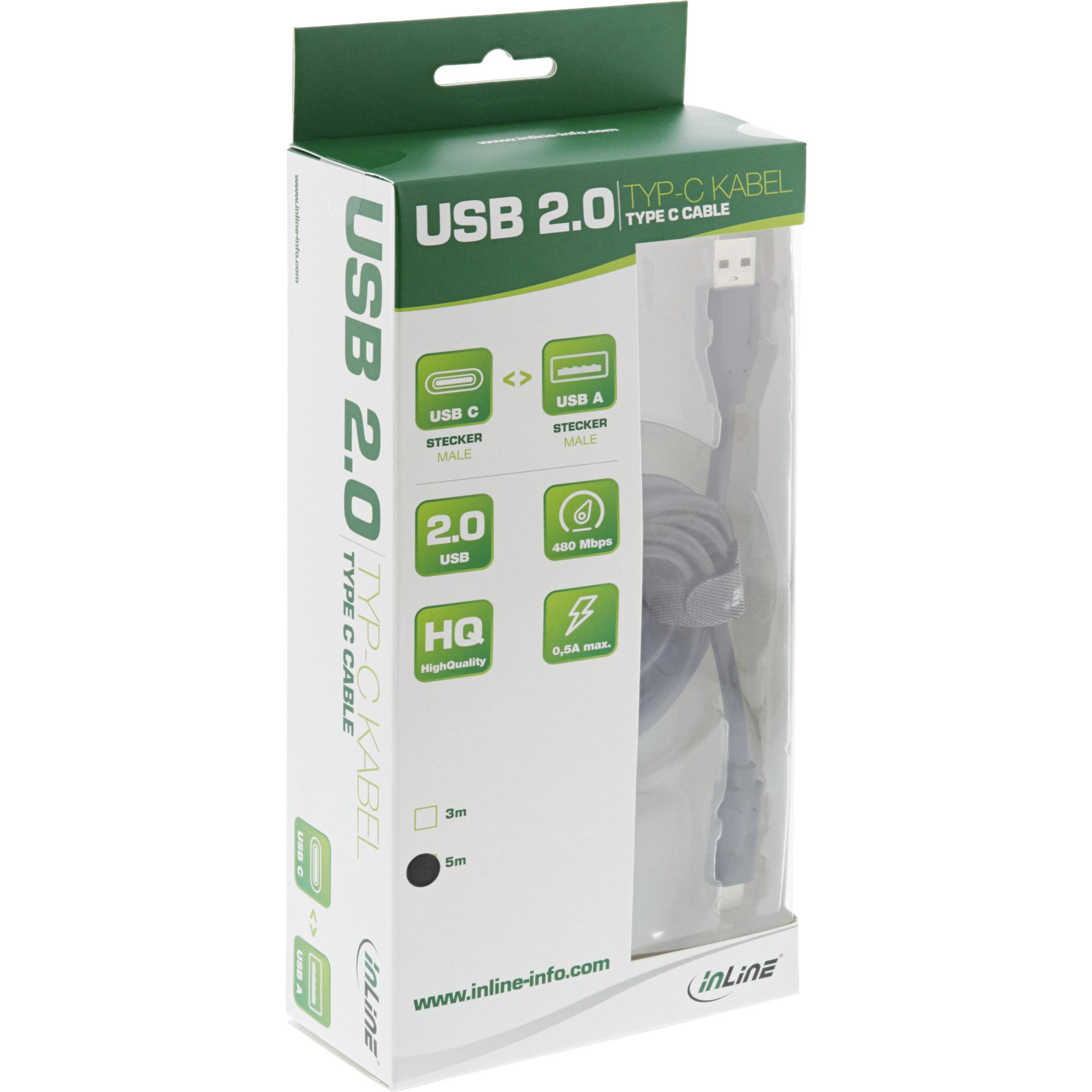 Kabelis USB InLine USB-C - USB-A 5 m Juodas (35735)