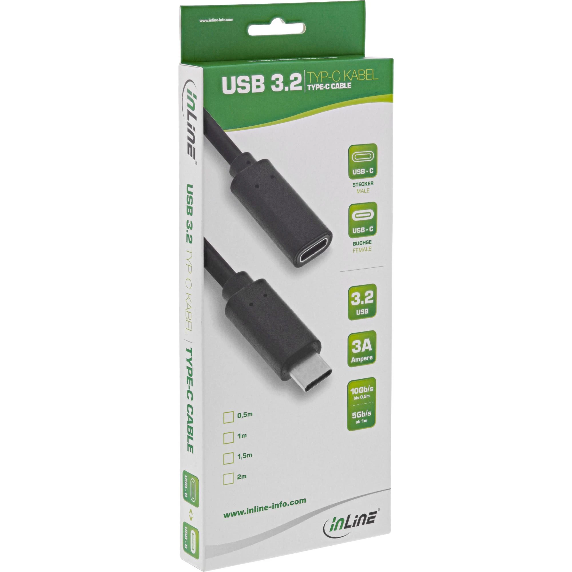 Inline USB 3.2 Gen 2 prailginimo kabelis, USB C tipo, juodas - 2 m