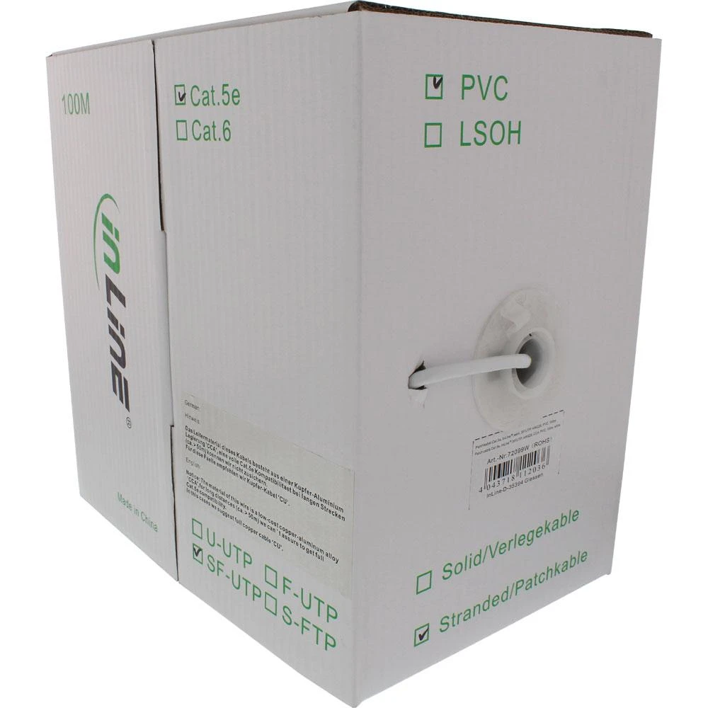 InLine Patch laidas SF/UTP, Cat.5e, AWG26, CCA, PVC, balta, 100m (72099W)