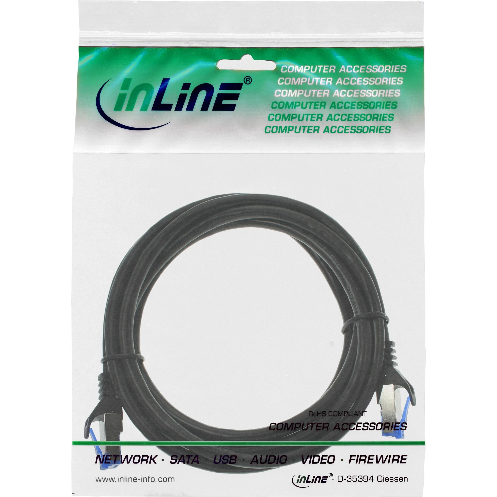 InLine - Komutacinis kabelis - RJ-45 (M) iki RJ-45 (M) - 2,0m - SFTP, PiMF - CAT 6a - Be halogenų, suvytas - Juodas (74802S)