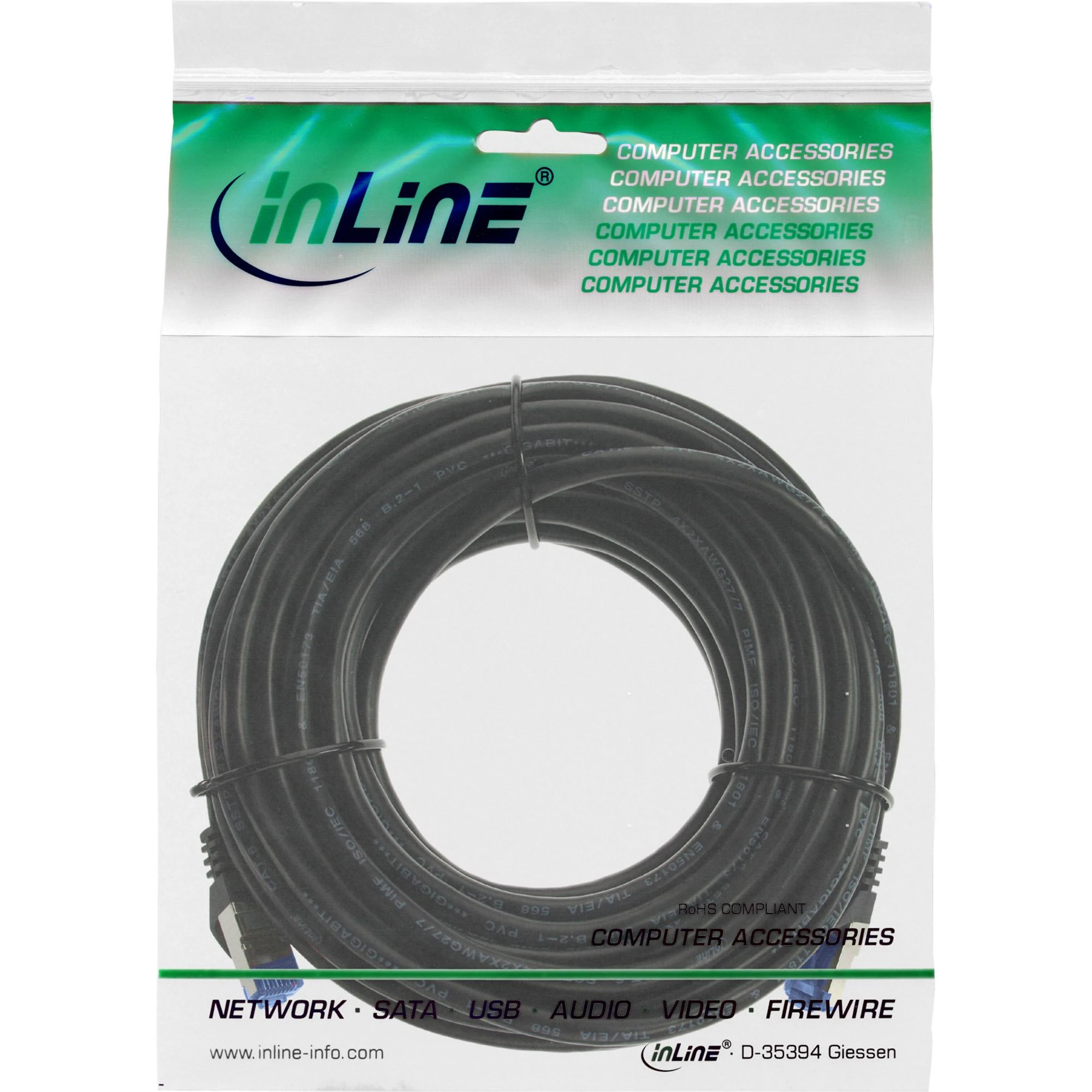 InLine® Patch kabelis, Cat.6A, S/FTP, TPE lankstus, juodas, 25m